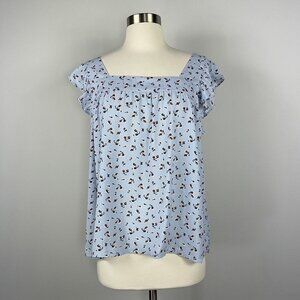Pleione Blouse Size Medium Ruffle Sleeveless Top Sky Blue Floral Print Shirt